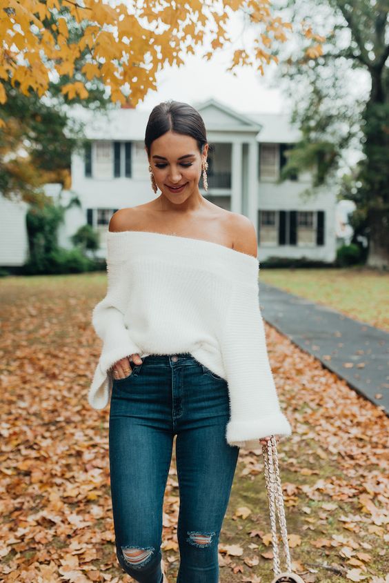 white fluffy sweater off the shoulder