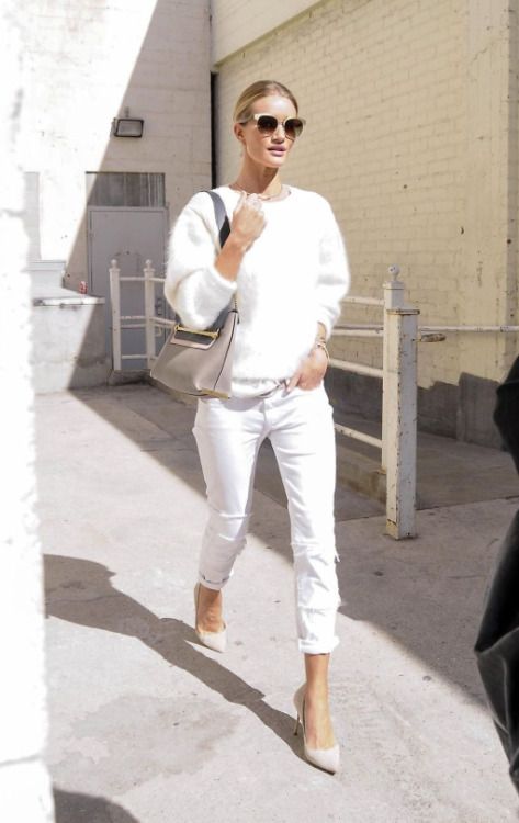 white fluffy sweater white jeans