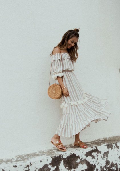 white and light pink striped long dress with shoulder ruffles
