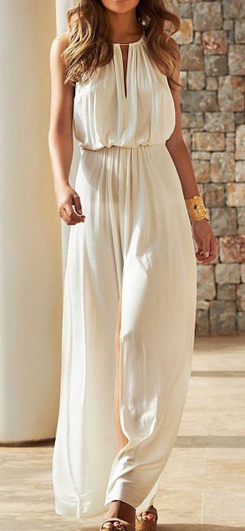 white summer dress with gathered waist and keyhole