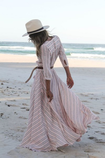 white and light pink striped summer dress with ruffles