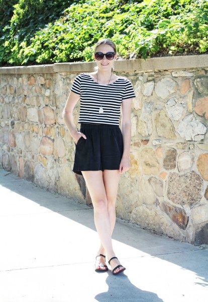 black and white striped t-shirt with high-waisted silk shorts