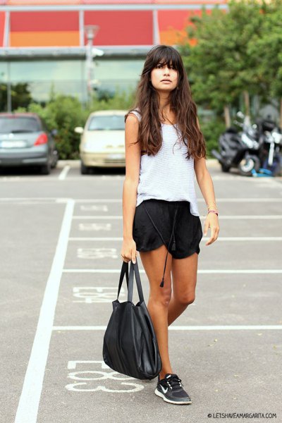 white vest top with black silk shorts