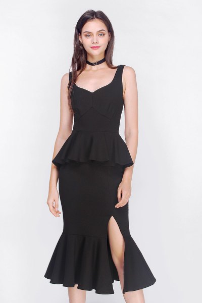 Black Peplum Fishtail Midi Dress