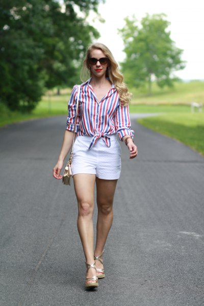 striped knotted button down shirt and high waisted white shorts