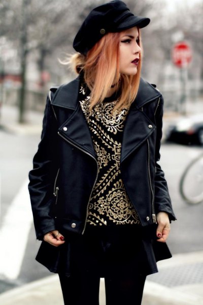 black leather jacket with mini skirt and leggings