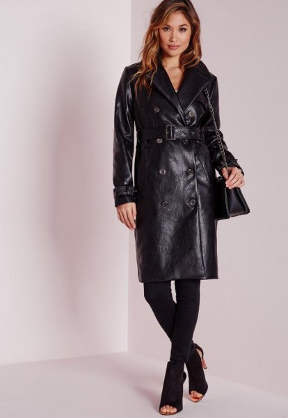 long leather coat with belt, leggings and open toe boots