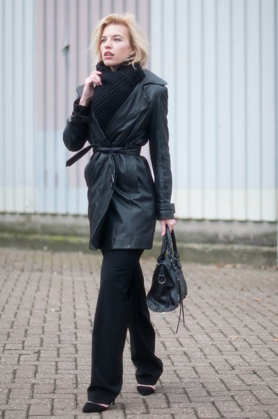 Belted leather trench coat, black scarf and sweater