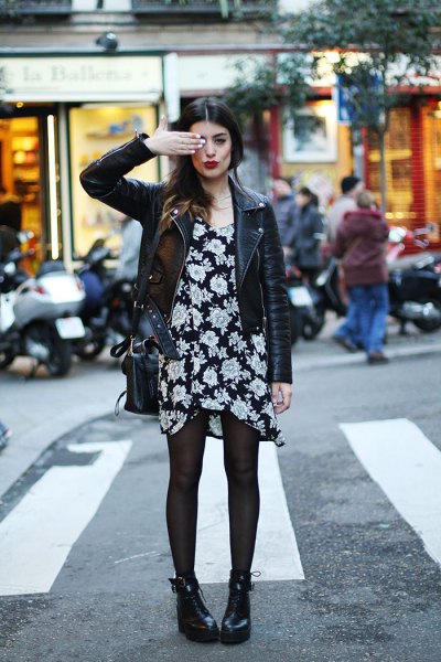 black leather jacket with floral coat