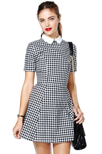 black and white plaid fit and flare mini dress