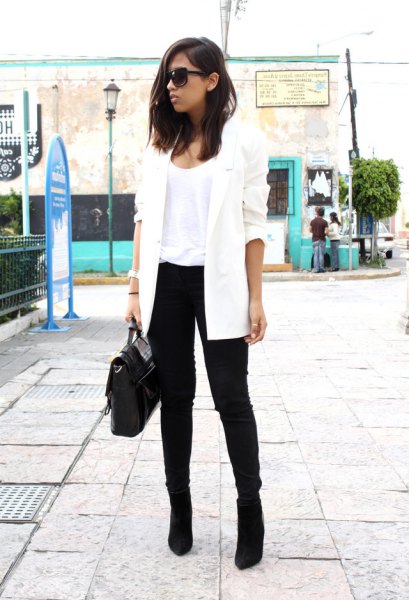white longline blazer with black suede boots