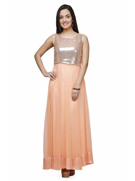 Silver and Peach Maxi Two Tone Shiny Long Dress