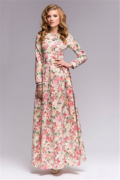 floor-length sheath dress with a floral pattern