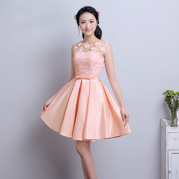 Peach two tone fitted and flared lace and knee length silk dress
