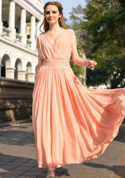 Peach deep V-neck dress with gathered waist and long flowy dress
