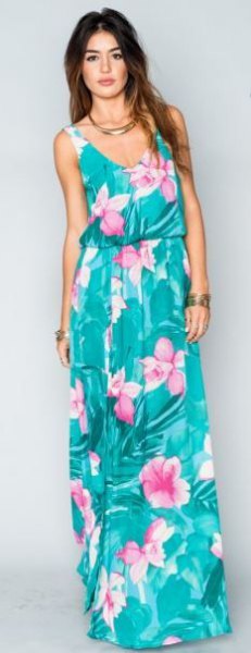teal sleeveless scoop neck dress with teal maxi hawaii print