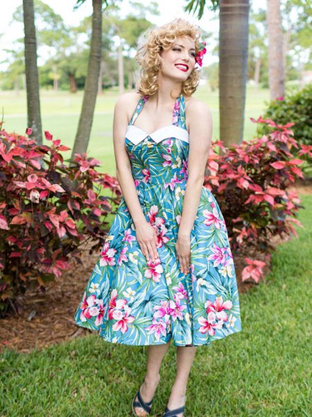 teal and white Hawaiian halterneck halter fit and flared midi dress