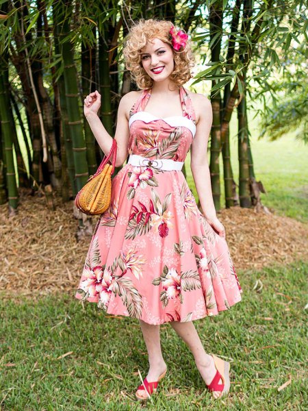 pink halter fit floral print flared midi dress