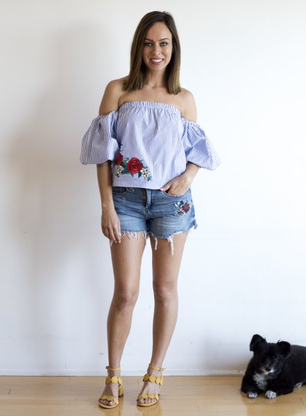 blue and white striped shoulder blouse with mini summer denim shorts with floral embroidery