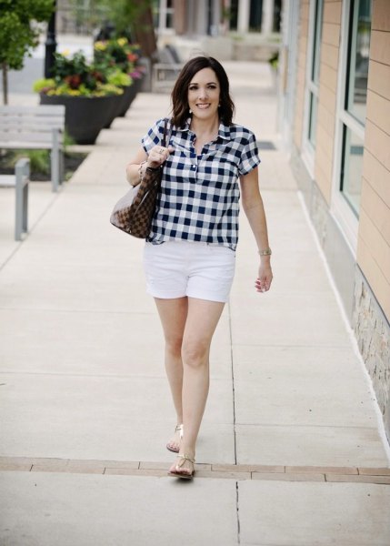 black and white checked shirt with casual mini shorts