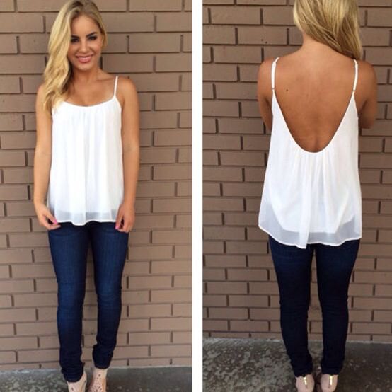 Backless elegant white chiffon tank top with blue jeans