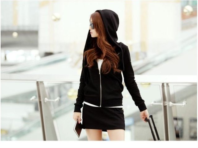 black hoodie with zip and matching mini skirt
