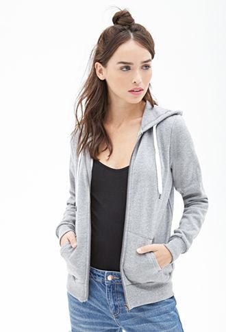 gray zip-up hoodie, black scoop-neck tank top and skinny jeans