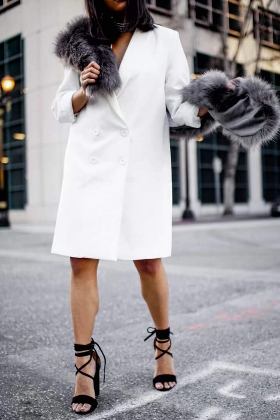 white blazer dress fur details