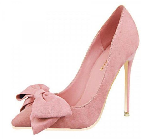 Pink Stiletto Heels Front Bow Suede Pumps |  High-heeled shoes, heels.