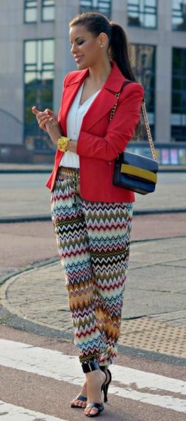 red blazer colorful tribal trousers