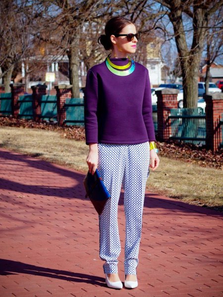 Purple long sleeve top with white and dark printed relaxed fit trousers