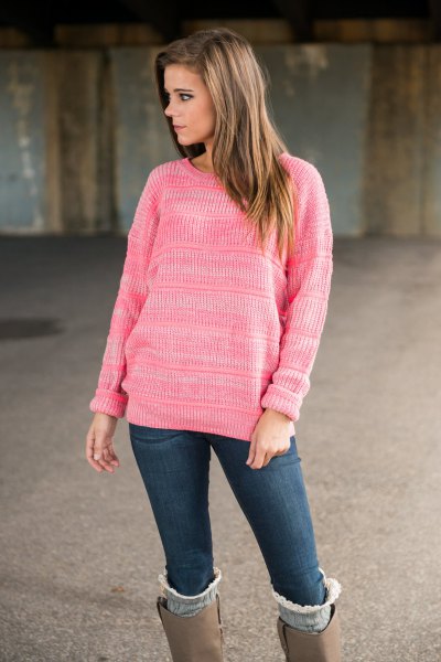 pink knit sweater with gray suede knee high boots