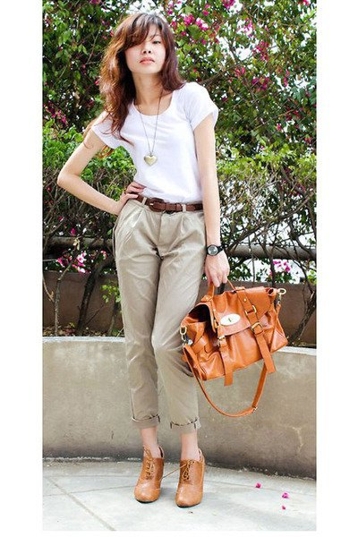 white t-shirt with tan chinos with cuffs