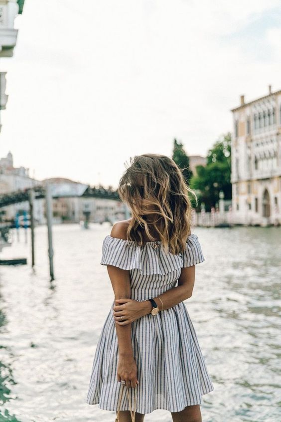 black and white striped dress over the shoulder ruffle