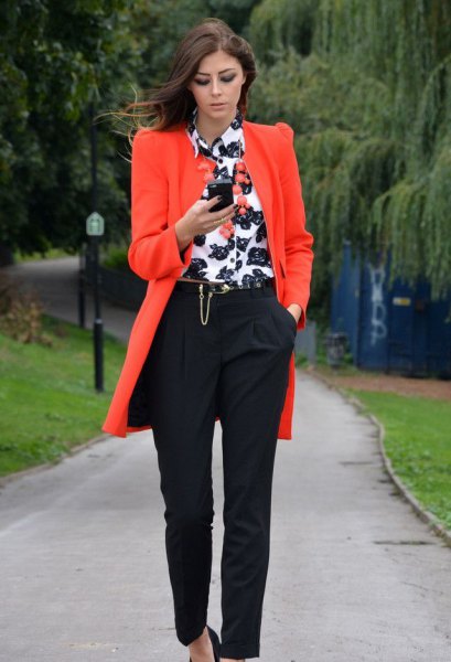 Orange long blazer with white and black printed button down shirt