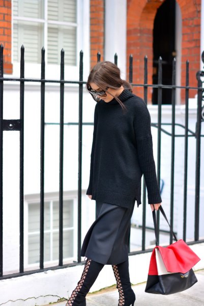 black turtleneck with gray midi skirt and boots