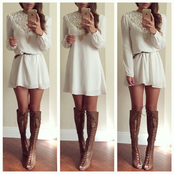 White Mini Sheath Dress with Lace Belt and Gray Leather Open Toe Boots