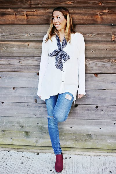 white chiffon cardigan with buttons and a narrow silk scarf at the back