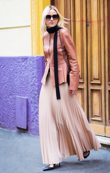 Rouge pink leather jacket with rose gold pleated maxi skirt