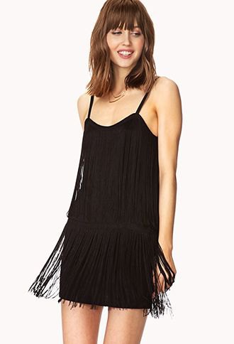 black dress with spaghetti straps and fringes