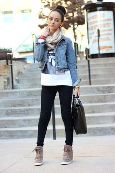 blue denim jacket with white printed t-shirt and gray wedge sneakers