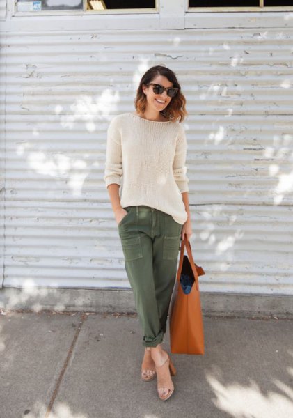 white knit sweater army pants bare heels