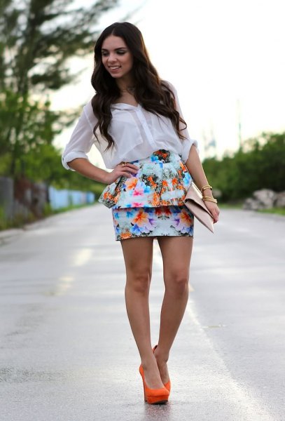 White chiffon shirt floral mini skirt