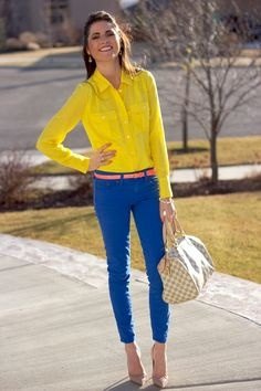 yellow button down shirt and light blue ankle pants