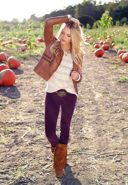 knee high boots with fringes brown leather jacket