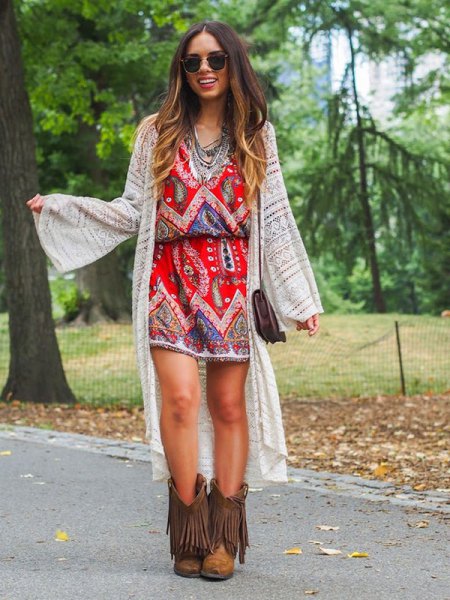 brown boots with fringes boho dress long cardigan