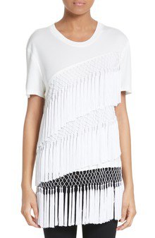 white crew neck t-shirt, multiple layers of fringes