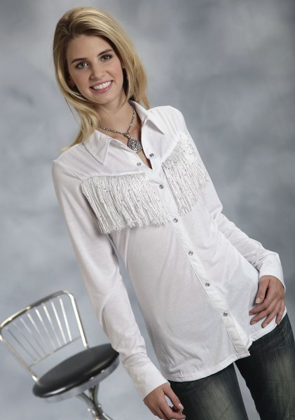 white slim fit fringed shirt and jeans
