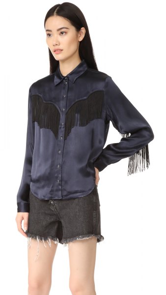 black silk shirt shorts with fringes