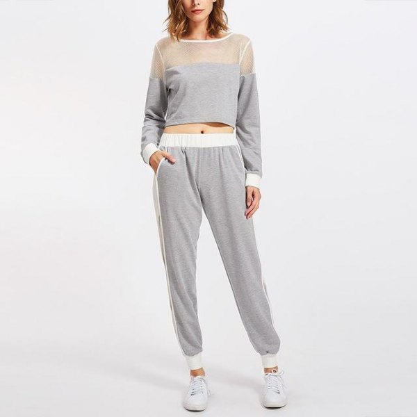 gray mesh and cropped sweatshirt with matching jogger pants